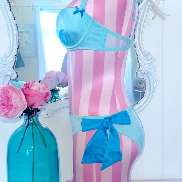 VS 2 PC Bride Tiffany Blue Wedding Demi Lined Bra Bling Bow Panties - Picture 6 of 9